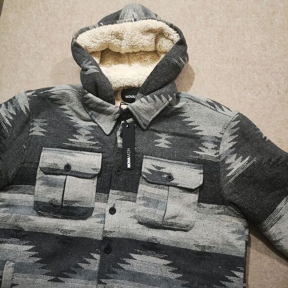 Mens Lightweight Hooded Sherpa Print Shacket -C - Picture 1 of 6